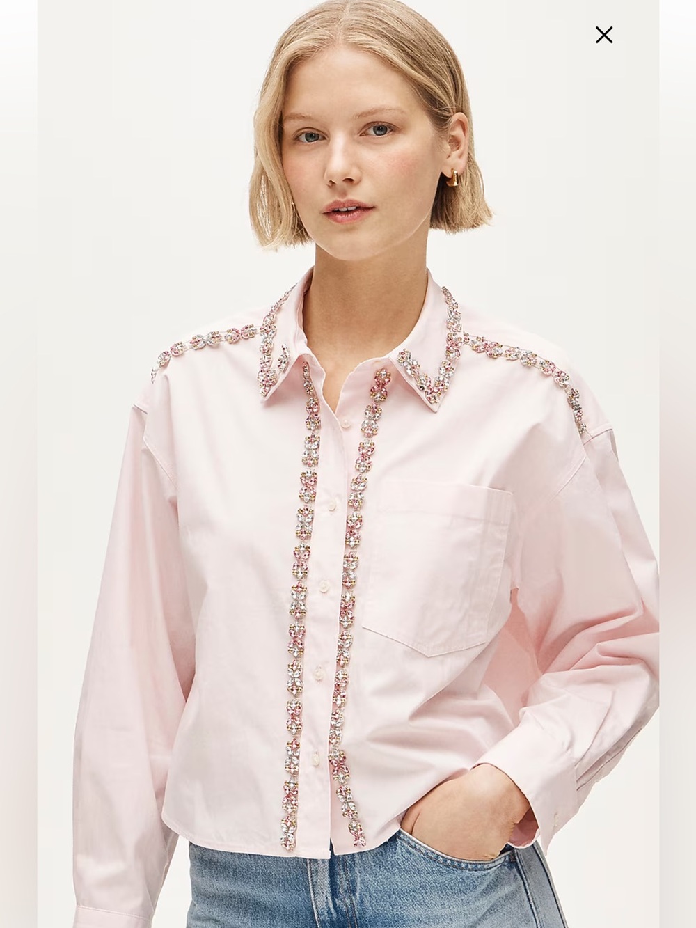 J. Crew Étienne cropped button-up shirt in embellished cotton poplin -white rose